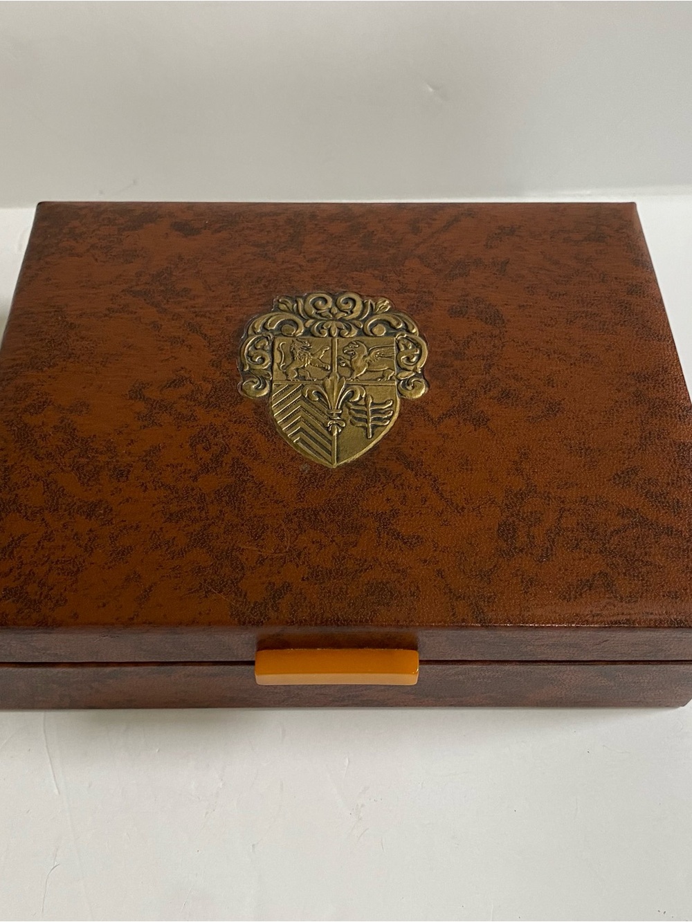 Vintage Box Bakelite Handle Metal Crest Faux Leather outside and soft Green